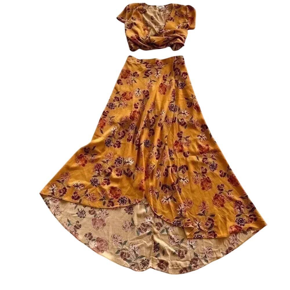 Women’s M Cotton Candy LA Mustard Floral Midi Skirt Boho Fall Style